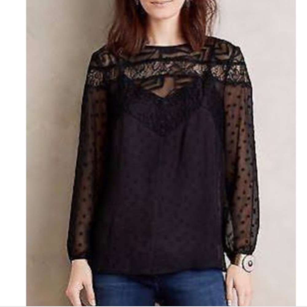 HD in Paris Anthro black sheer polka dot blouse